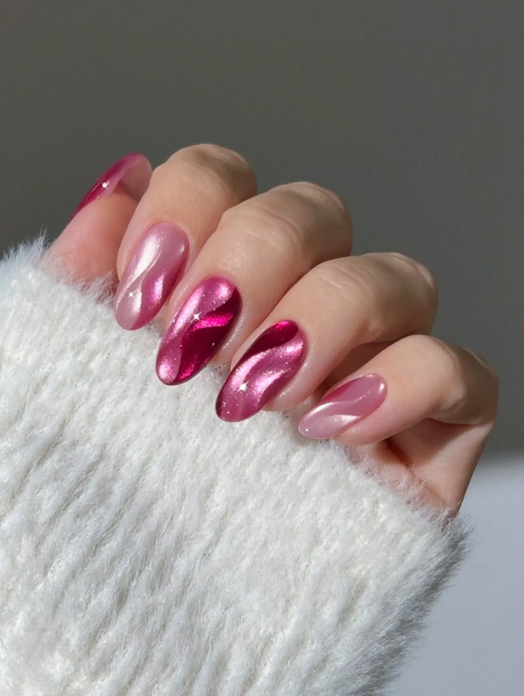 Metallic Pink Swirl Medium Almond Nails — Classy Pink Almond Nails