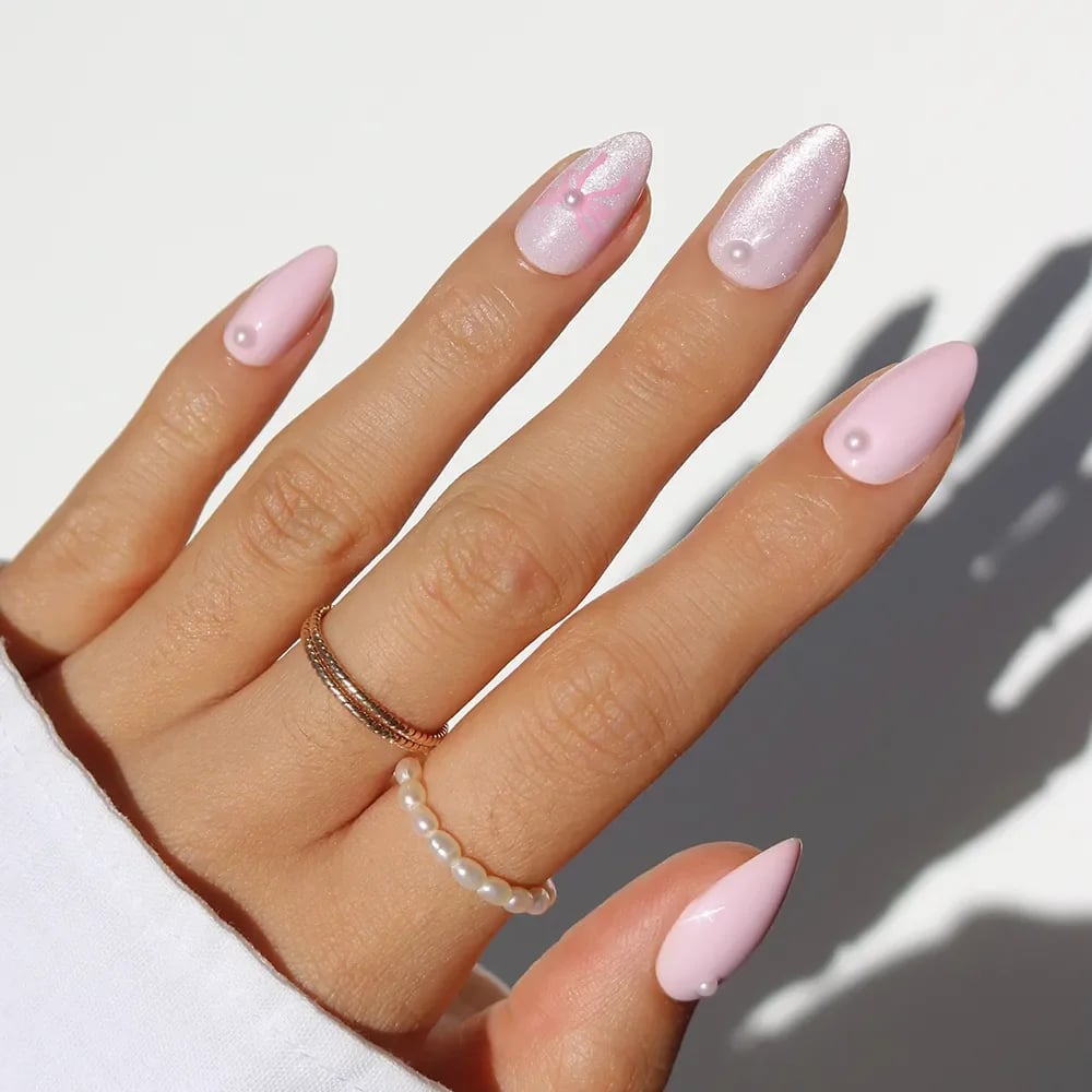 Light Pink Iridescent Shimmer Nails — Classy Pink Almond Nails