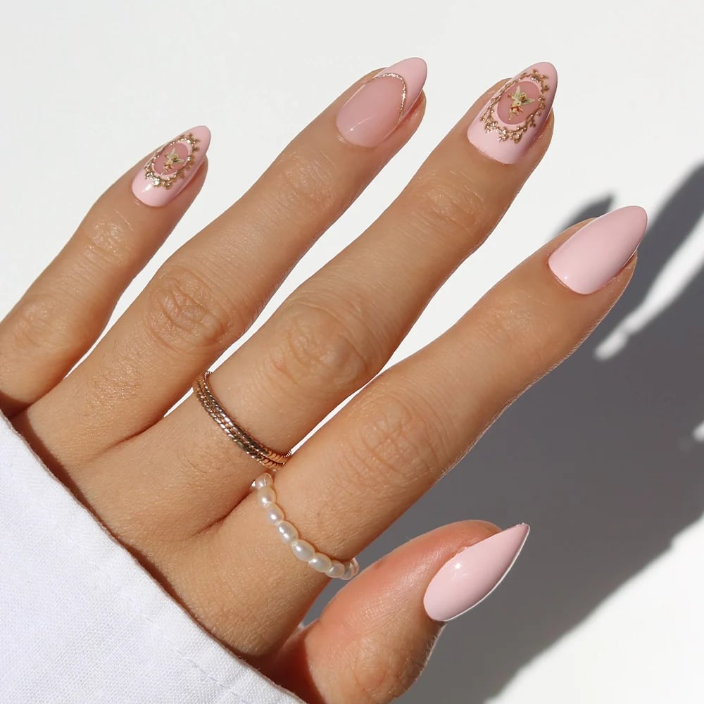 Pink Almond Nails With Gold Frame Art — Classy Pink Almond Nails