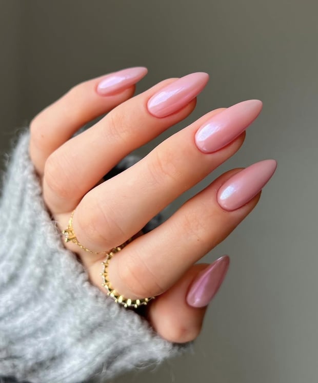 Light Pink Pearlescent Shimmer Almond Nails — Classy Pink Almond Nails