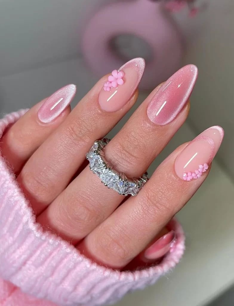 Pink Cat Eye Almond Nails With 3D Flowers — Classy Pink Almond Nails