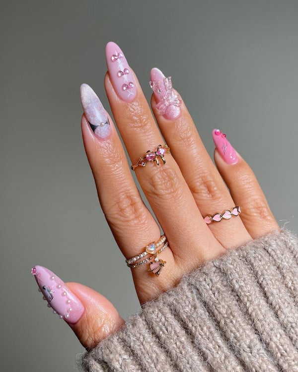 Bright Pink Almond Nails With 3D Bows — Classy Pink Almond Nails