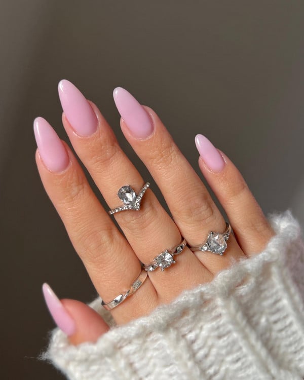Soft Light Pink Glossy Medium Almond Nails — Classy Pink Almond Nails