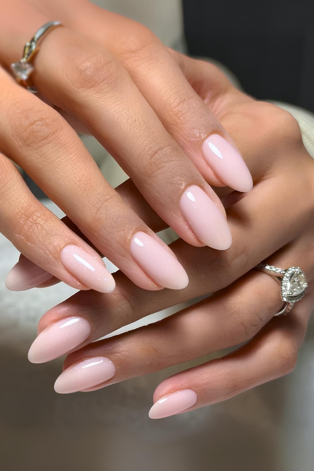 Short Milky Pale Pink Shimmer Almond Nails — Classy Pink Almond Nails