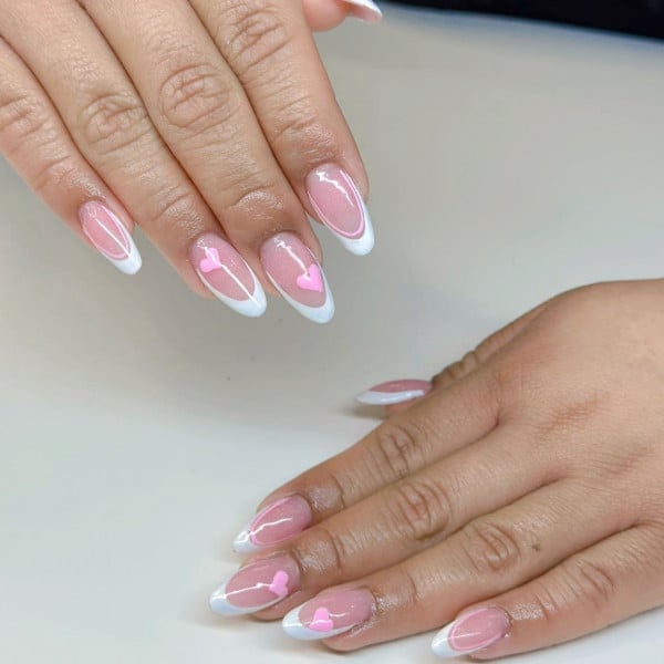 Nude Base French Almond With Pink Hearts — Classy Pink Almond Nails