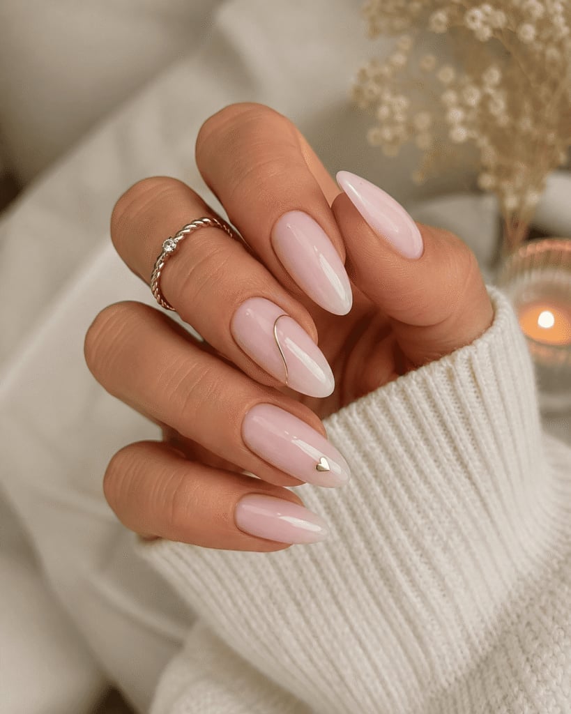 Pink Almond Nails With Gold Line Detail — Classy Pink Almond Nails