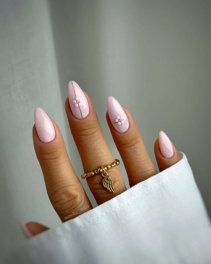 Pink Almond Nails With Floral Silver Art — Classy Pink Almond Nails