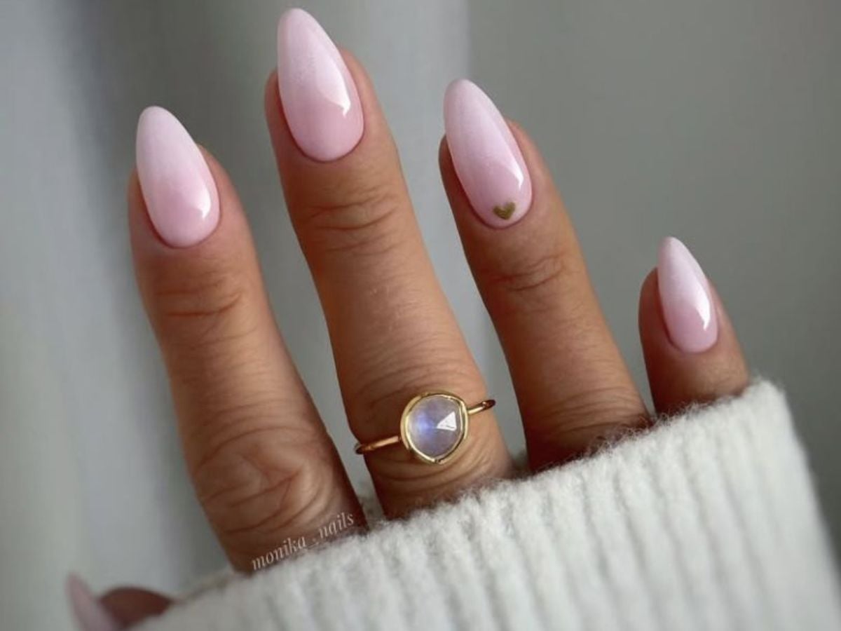 Milky Pink Almond With Tiny Gold Heart — Classy Pink Almond Nails
