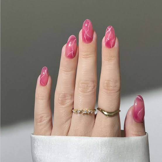 Translucent Pink Almond With Marble Veins — Classy Pink Almond Nails