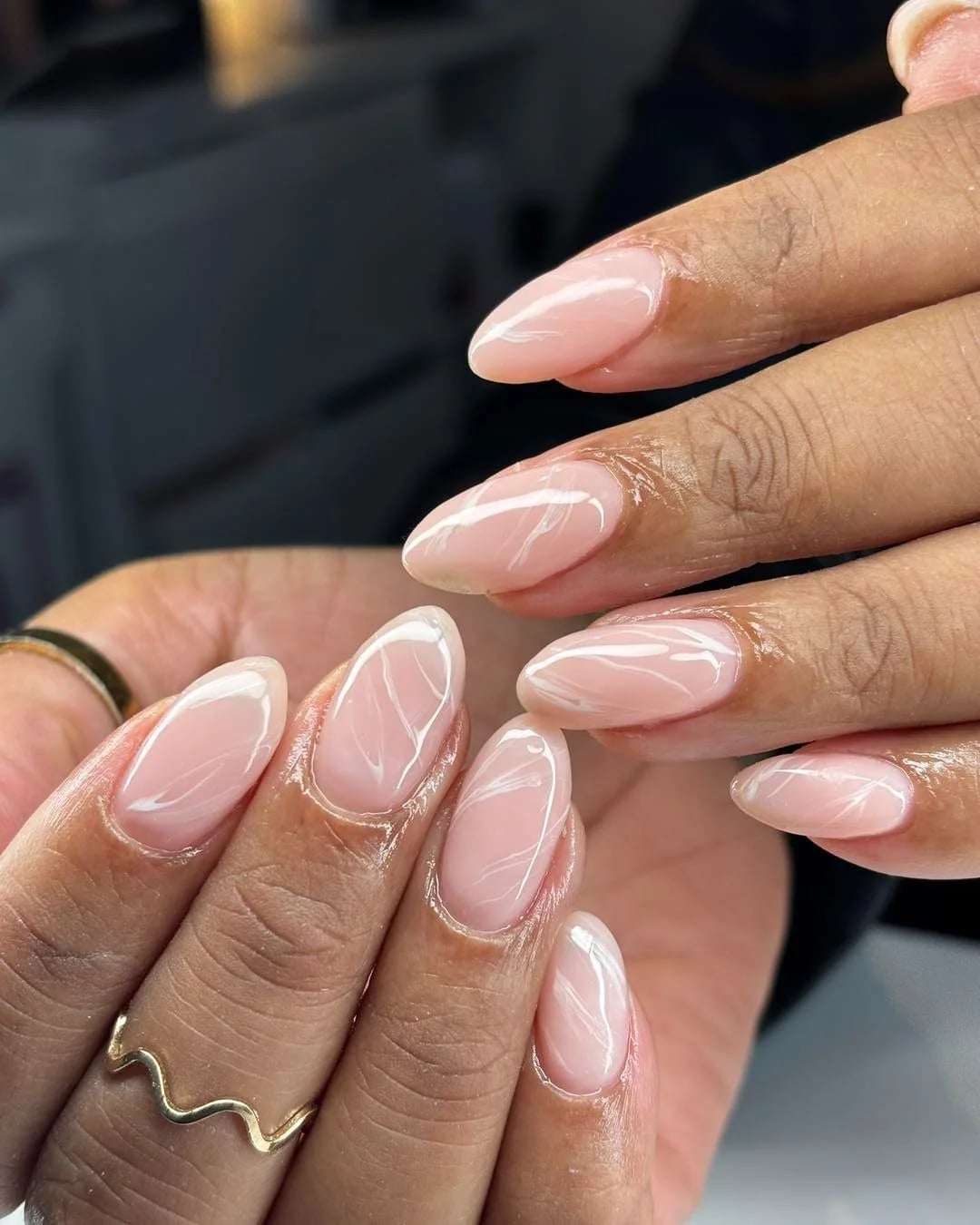 Sheer Pink Almond With White Marble Swirls — Classy Pink Almond Nails