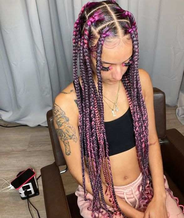 Mid-Back Pink and Purple Box Braids, Wavy Mid-Back Pink and Purple Box Braids, Wavy — Classy Pink Braids