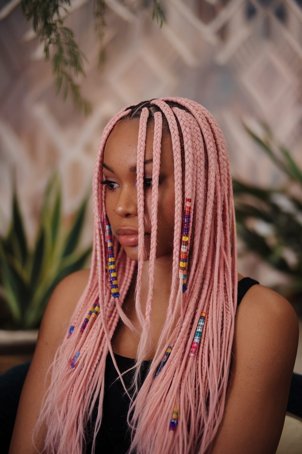 Mid-Back Pink Box Braids With Colorful Beads, Straight Mid-Back Pink Box Braids With Colorful Beads, Straight — Classy Pink Braids