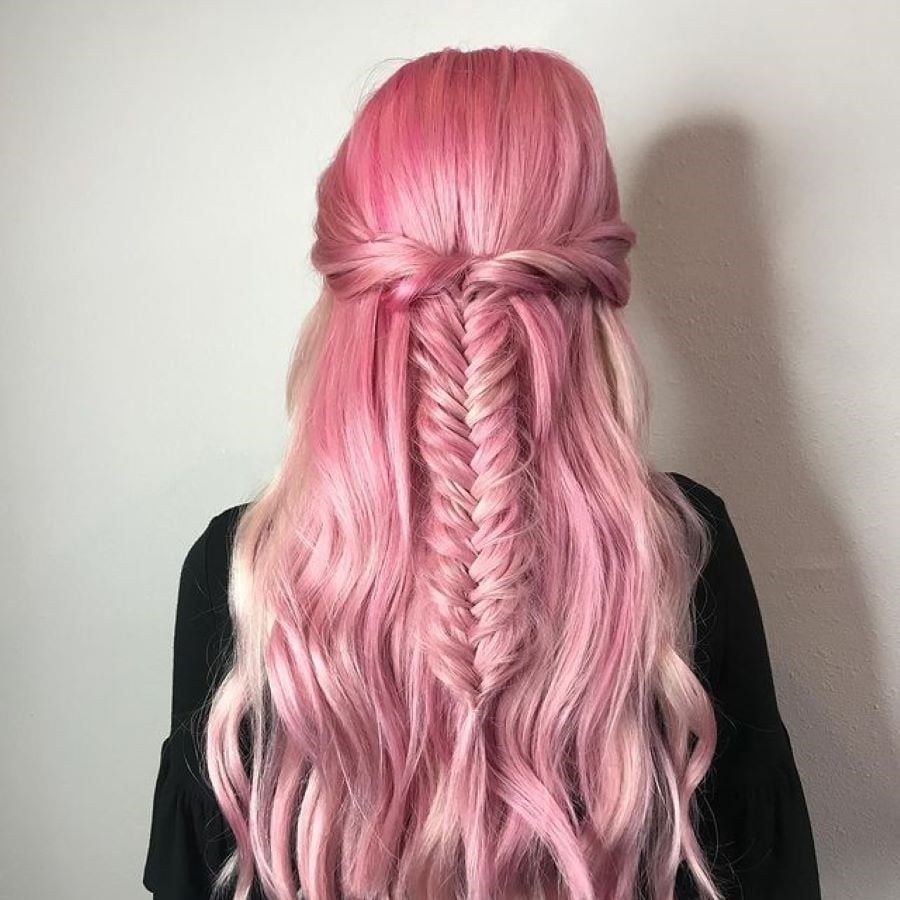 Mid-Back Half-Up Fishtail Braid With Curtain Bangs Mid-Back Half-Up Fishtail Braid With Curtain Bangs — Classy Pink Braids