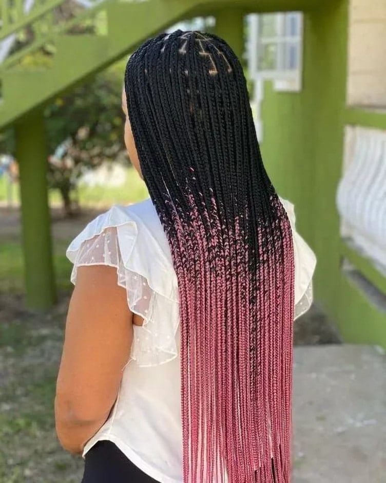 Mid-Back Black to Pink Ombré Box Braids Mid-Back Black to Pink Ombré Box Braids — Classy Pink Braids