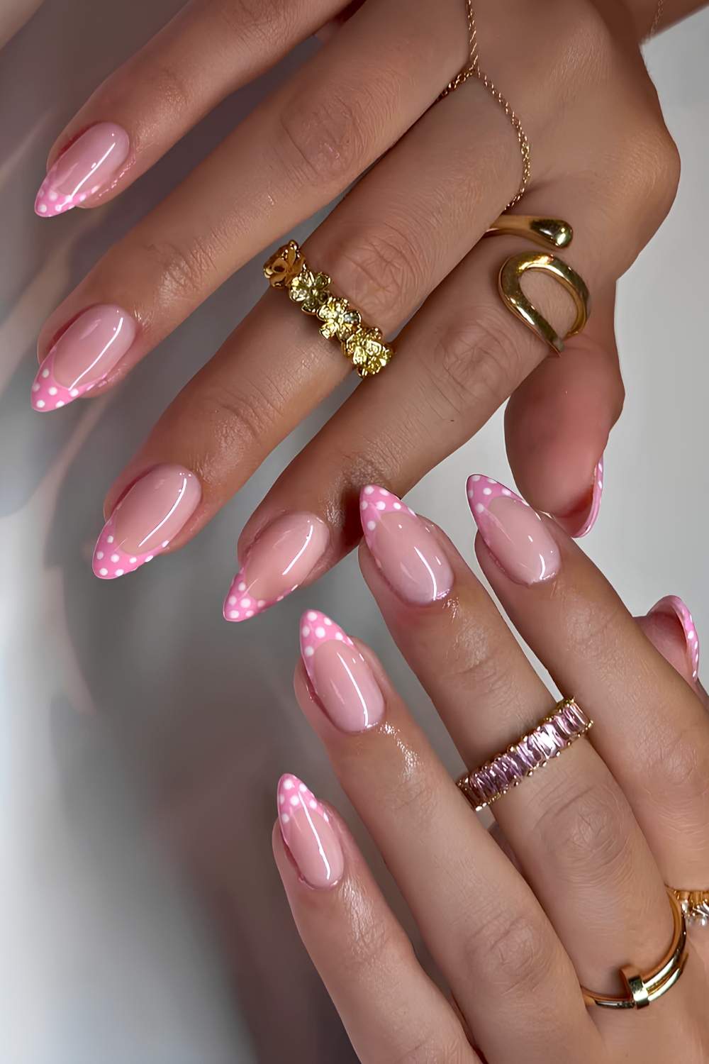 Long Stiletto Bright Pink Polka Dot French Long Stiletto Bright Pink Polka Dot French — Classy Pink French Tip Nails