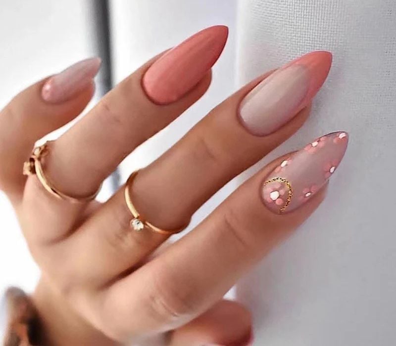 Medium Almond Floral Pink French With Gold Crescent Medium Almond Floral Pink French With Gold Crescent — Classy Pink French Tip Nails