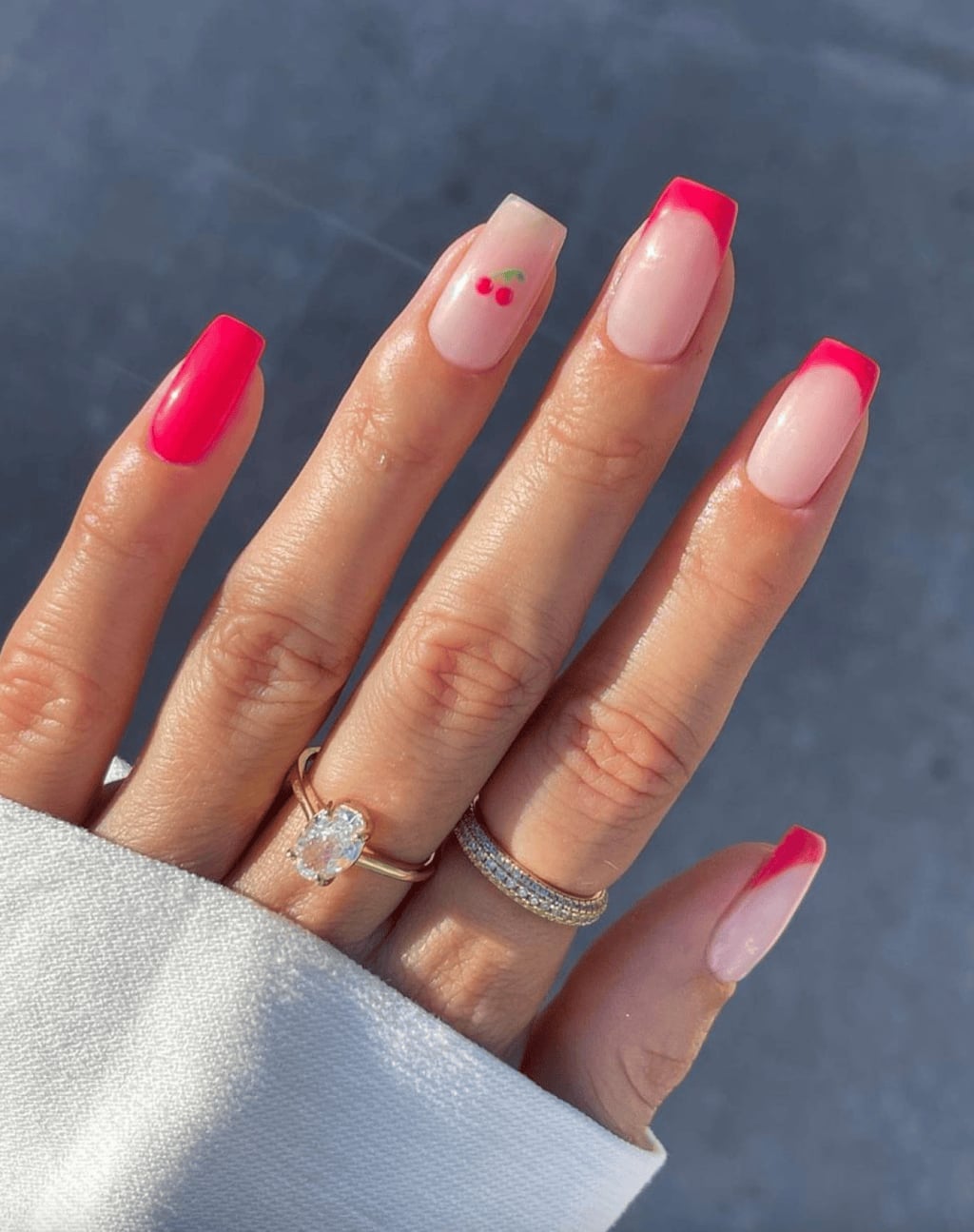 Long Square Bright Pink French With Cherry Motif Long Square Bright Pink French With Cherry Motif — Classy Pink French Tip Nails