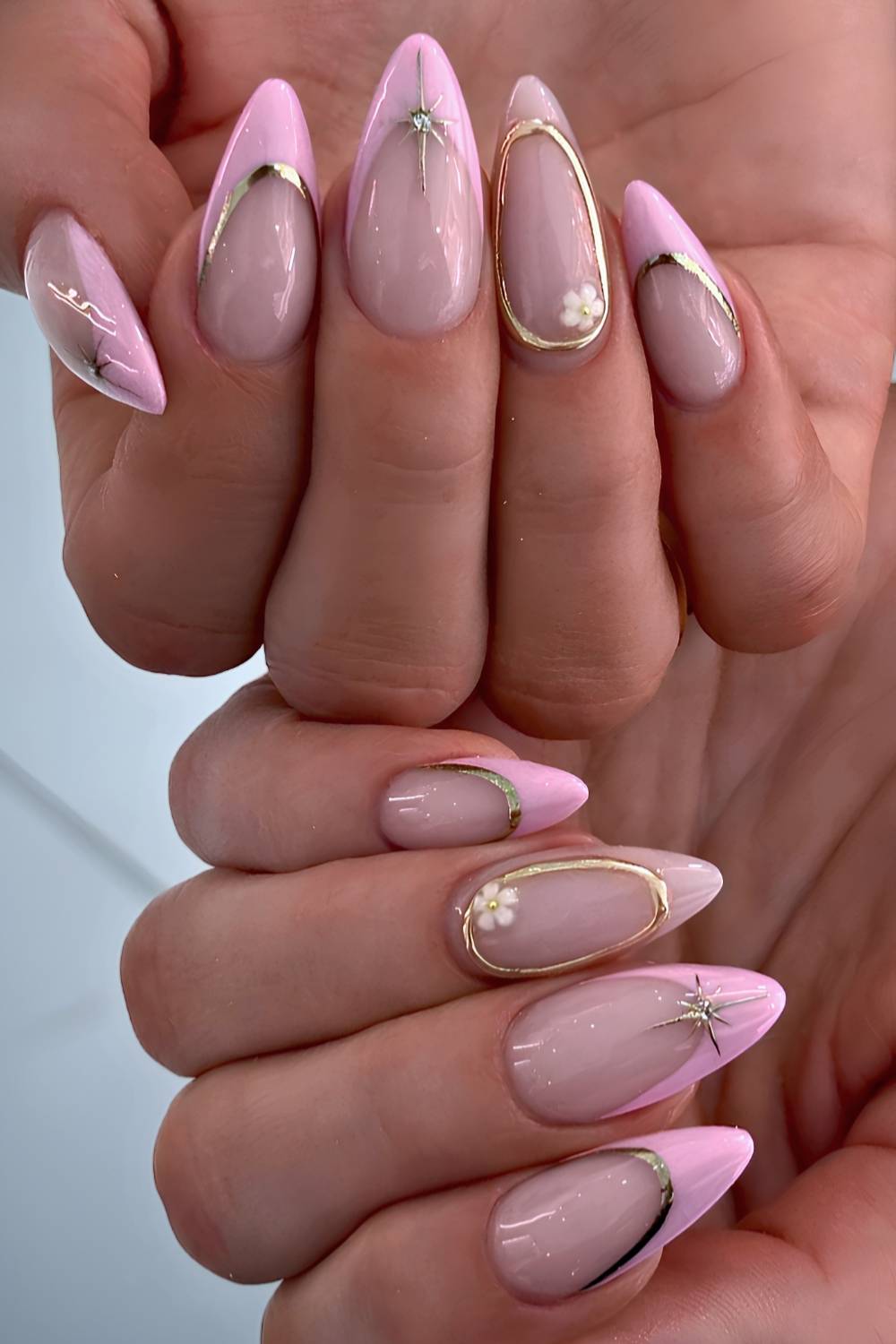 Long Stiletto Pink French With Gold Foil Accents Long Stiletto Pink French With Gold Foil Accents — Classy Pink French Tip Nails