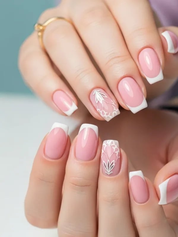 Medium Square White Lace Overlay French Tips Medium Square White Lace Overlay French Tips — Classy Pink French Tip Nails