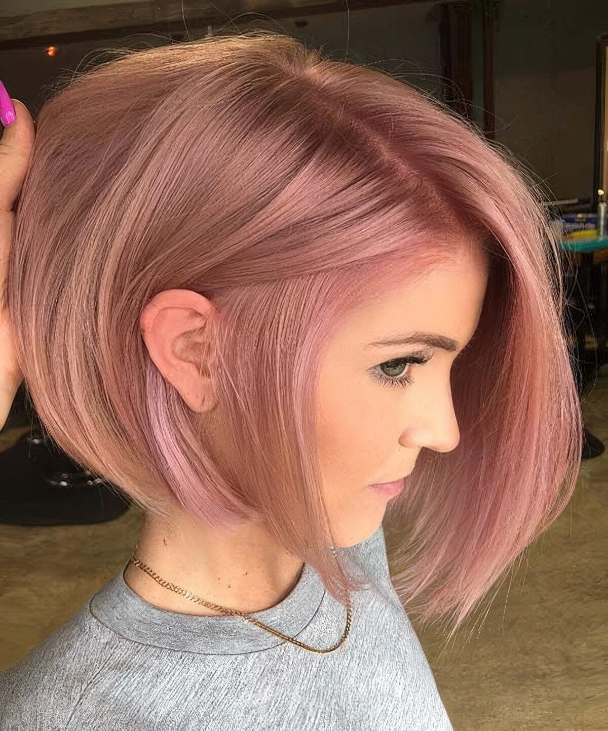 Sophisticated Rose Gold Pink Angled Bob — Classy Pink Hair Color