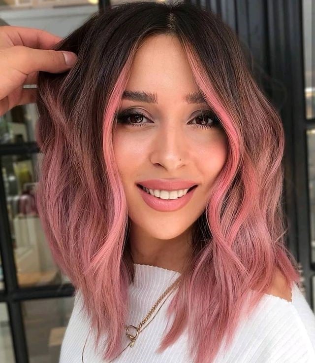Pink Balayage Over Brown Base Lob — Classy Pink Hair Color