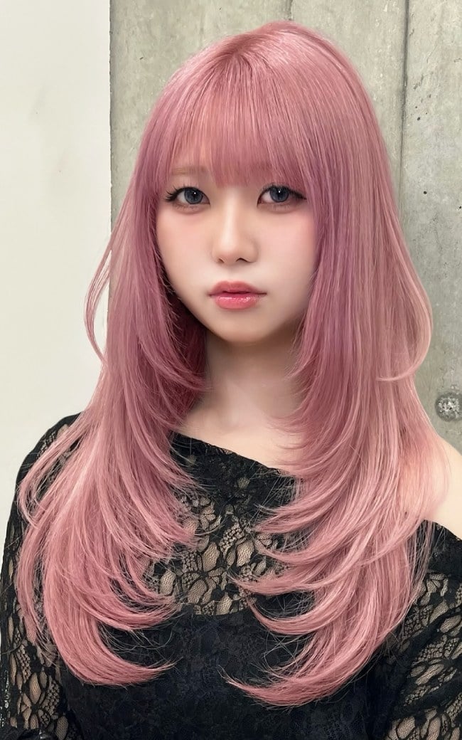 Rose Pink Shoulder Length Layers With Full Bangs — Classy Pink Hair Color