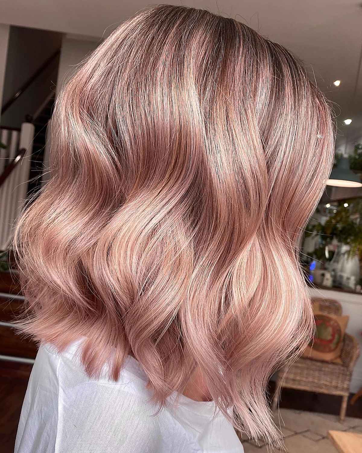 Rose Gold Pink Chin Length Bob Blowout — Classy Pink Hair Color