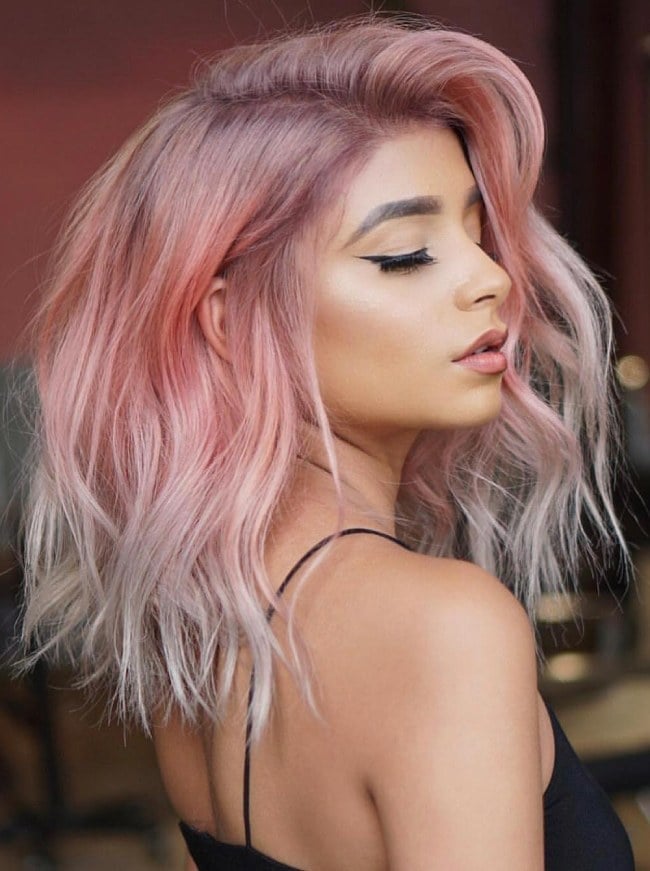 Dusty Pink Balayage Wavy Lob — Classy Pink Hair Color