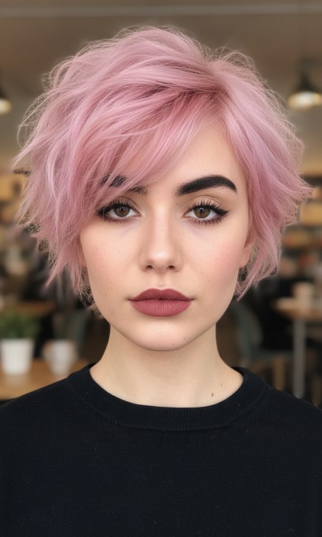 Soft Blush Pink Wavy Bixie — Classy Pink Hair Color