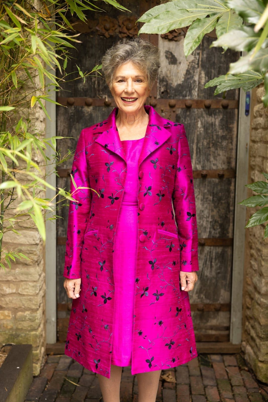 Hot Pink Jacquard Coat Over a Matching Sheath Dress Hot Pink Jacquard Coat Over a Matching Sheath Dress — Classy Pink Outfits