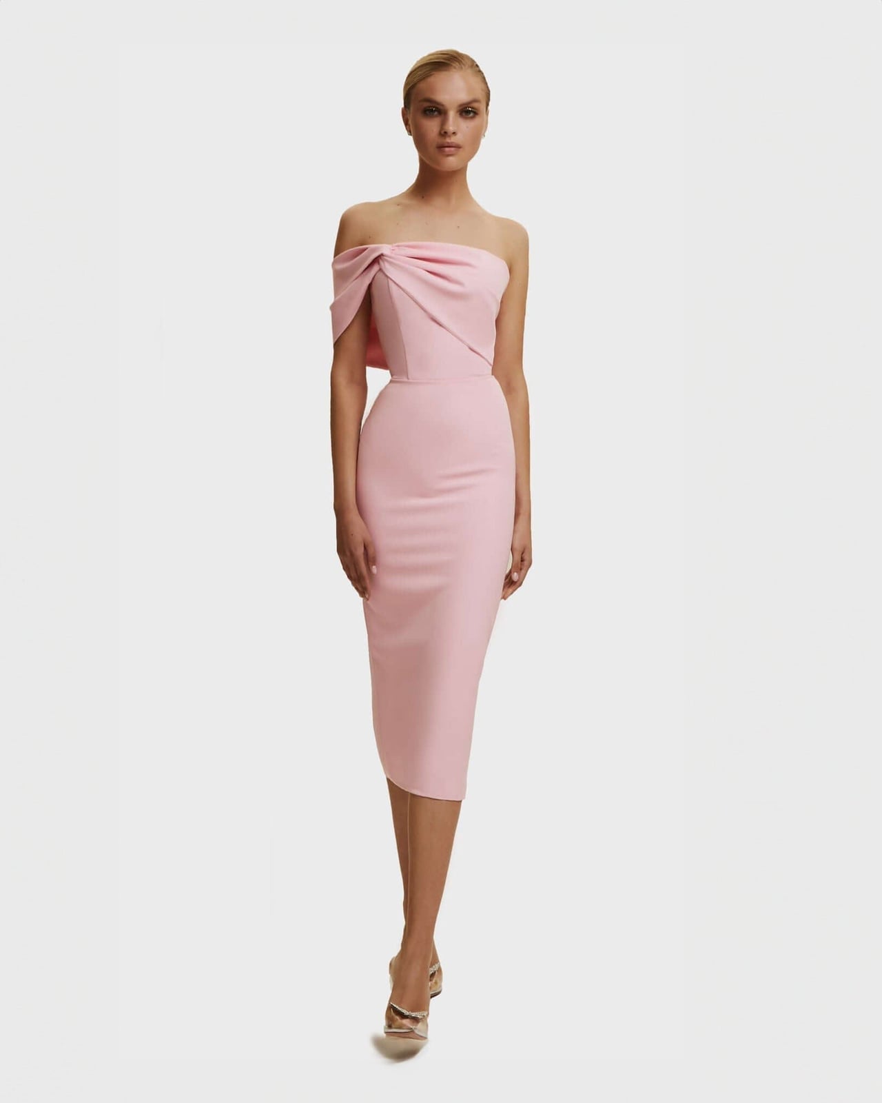 Pale Pink Crepe Off-The-Shoulder Midi Dress Pale Pink Crepe Off-The-Shoulder Midi Dress — Classy Pink Outfits