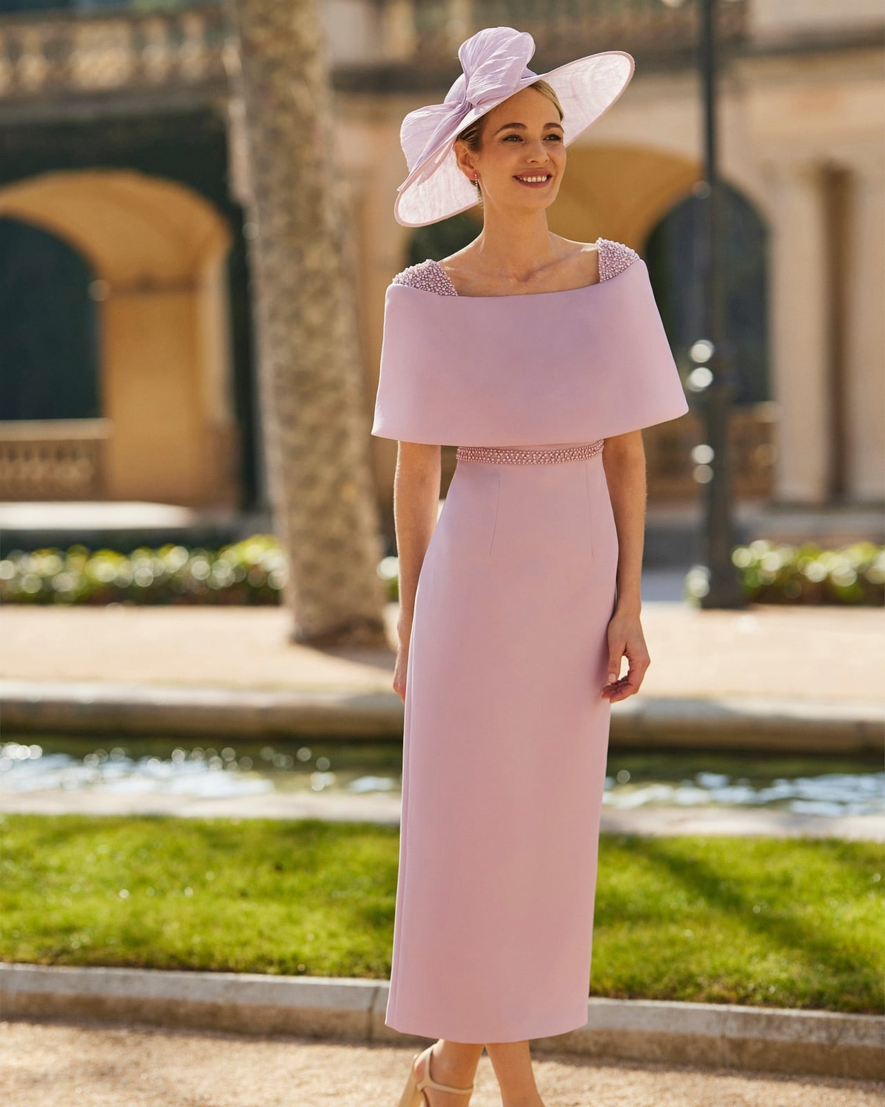 Dusty Rose Midi Dress with Cape Overlay and Beading Dusty Rose Midi Dress with Cape Overlay and Beading — Classy Pink Outfits