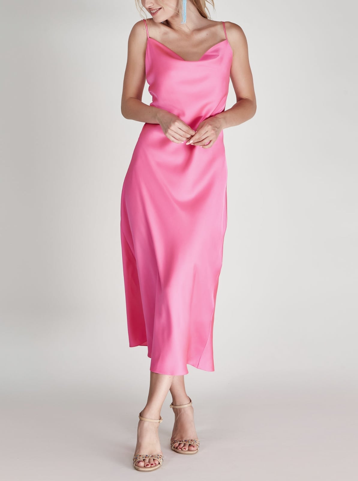 Bright Pink Satin Slip Dress with Cowl Neckline Bright Pink Satin Slip Dress with Cowl Neckline — Classy Pink Outfits