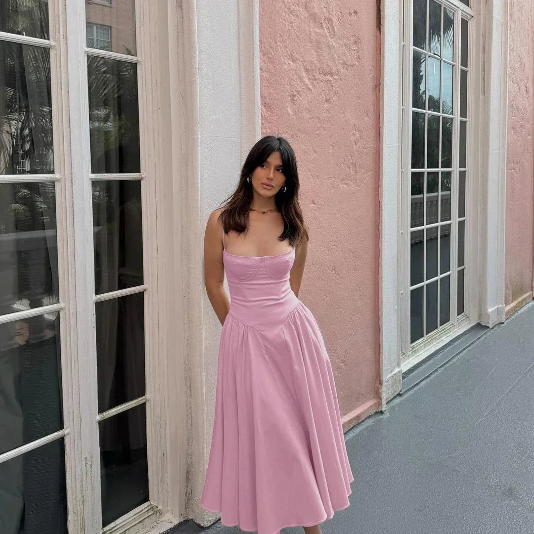 Dusty Rose Midi Dress with Sweetheart Neckline and Nude Pointed Heels Dusty Rose Midi Dress with Sweetheart Neckline and Nude Pointed Heels — Classy Pink Outfits