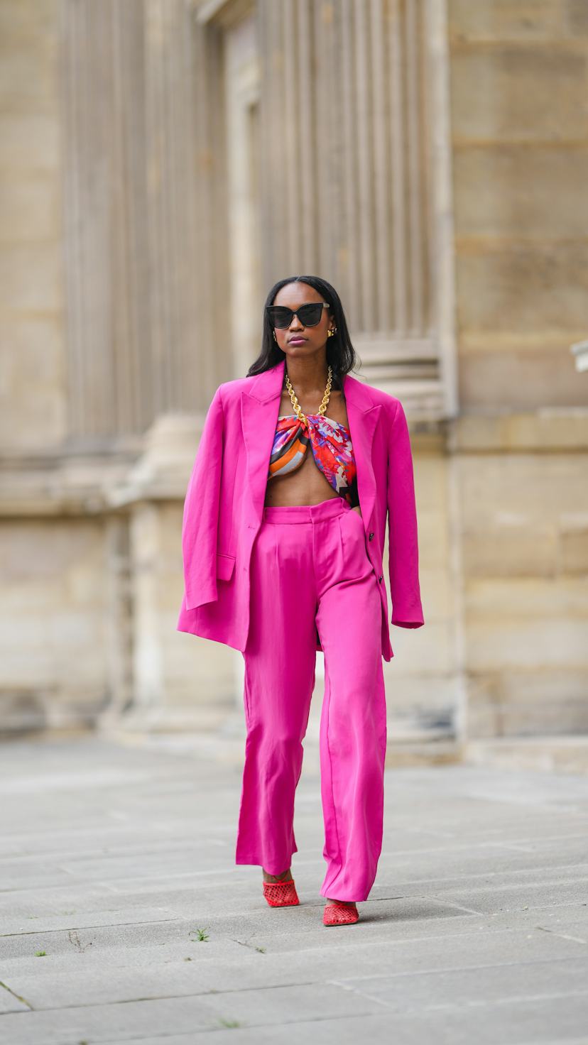 Hot Pink Monochromatic Suit with Patterned Scarf Top Hot Pink Monochromatic Suit with Patterned Scarf Top — Classy Pink Outfits