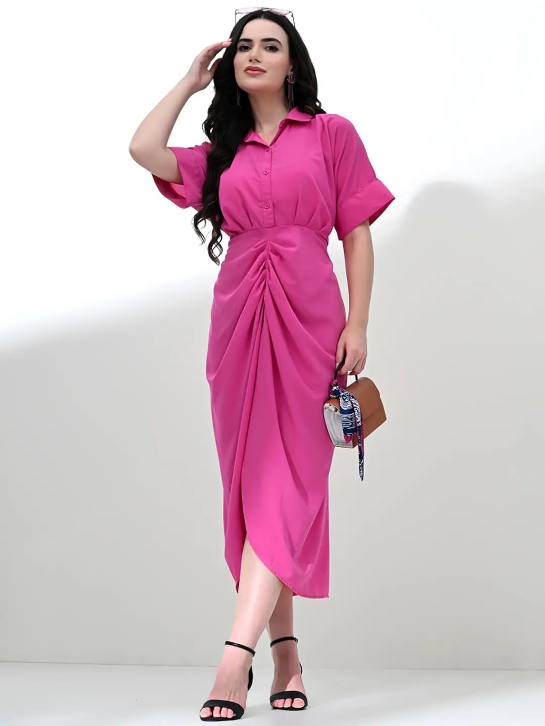 Hot Pink Draped Shirt Dress with Belt Hot Pink Draped Shirt Dress with Belt — Classy Pink Outfits