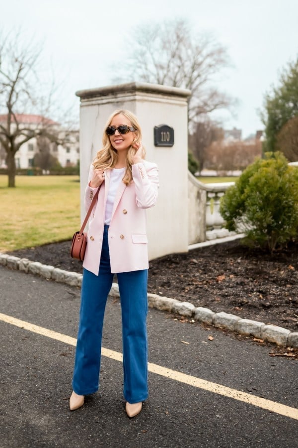 Pink Double-Breasted Blazer with Blue Trousers Pink Double-Breasted Blazer with Blue Trousers — Classy Pink Outfits