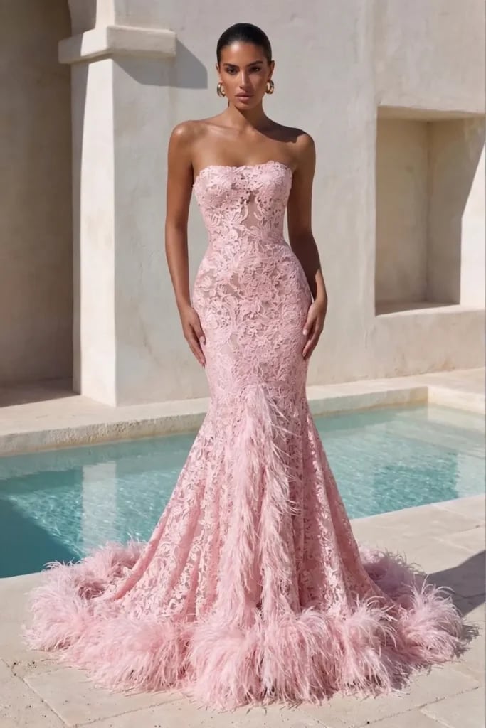 Light Pink Lace Mermaid Gown with Feather Trim Light Pink Lace Mermaid Gown with Feather Trim — Classy Pink Outfits