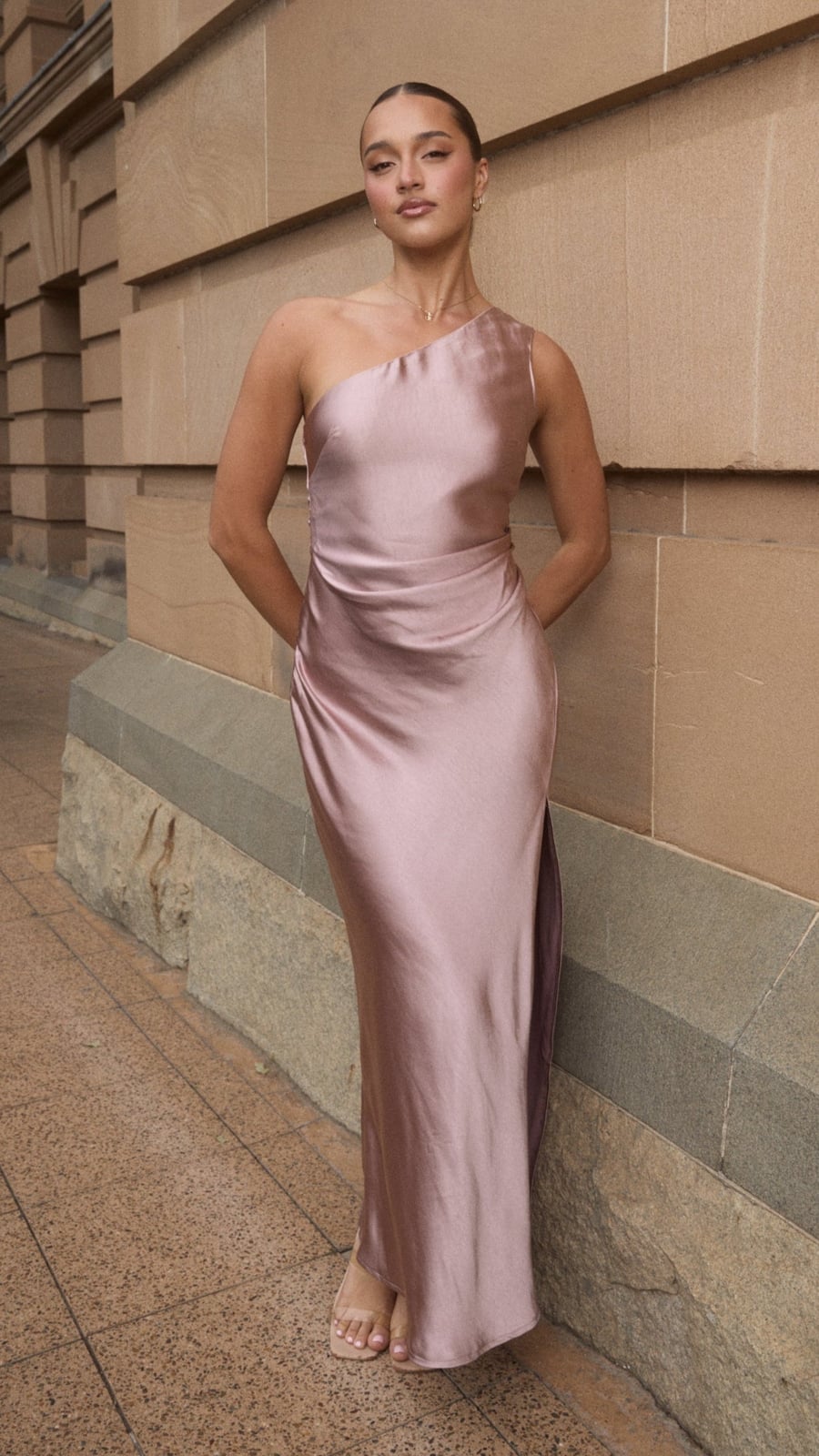 Dusty Rose Satin Maxi Dress with Draped Waist Dusty Rose Satin Maxi Dress with Draped Waist — Classy Pink Outfits