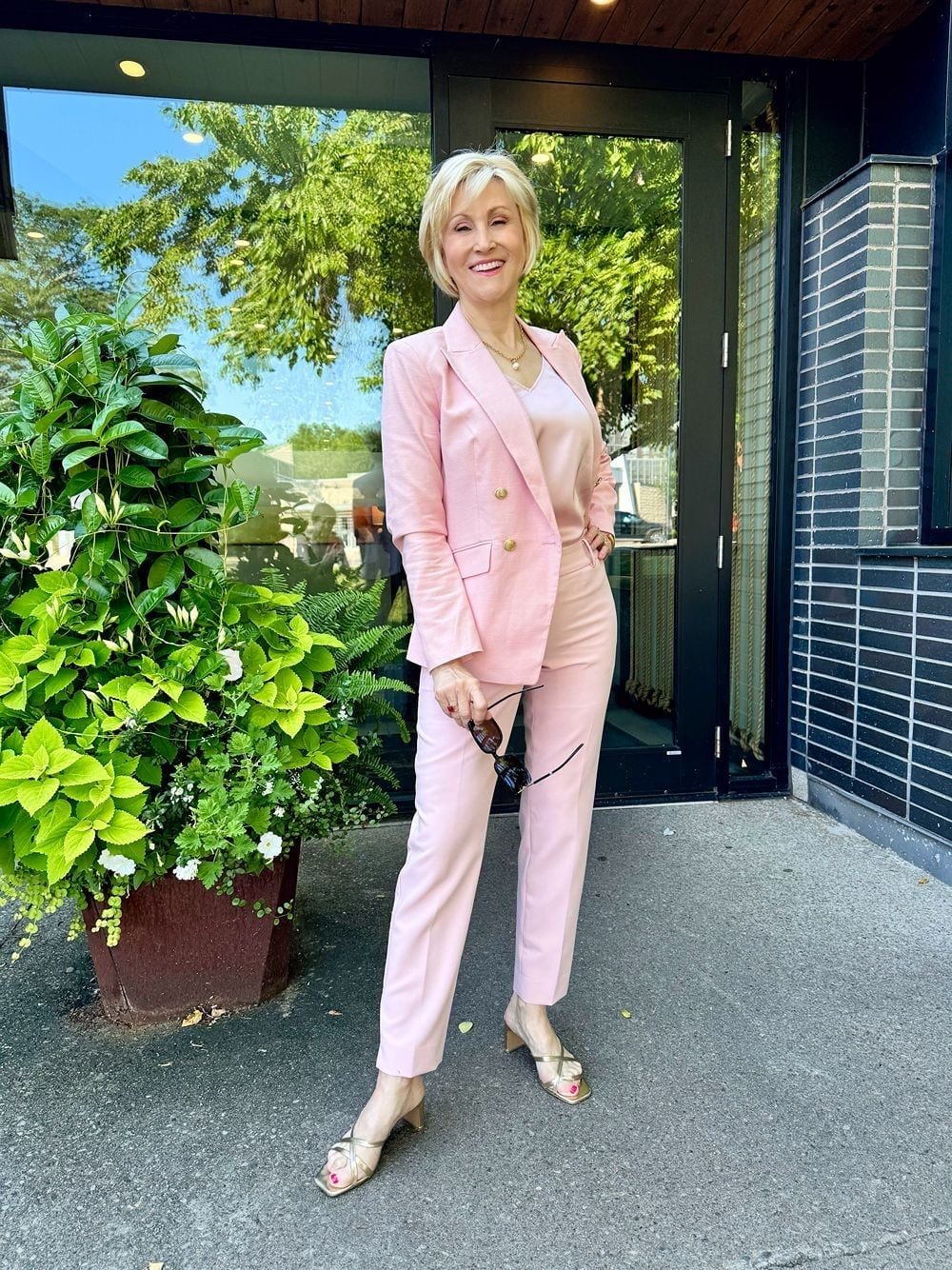 Soft Pink Linen Blend Suit with Satin Camisole Soft Pink Linen Blend Suit with Satin Camisole — Classy Pink Outfits