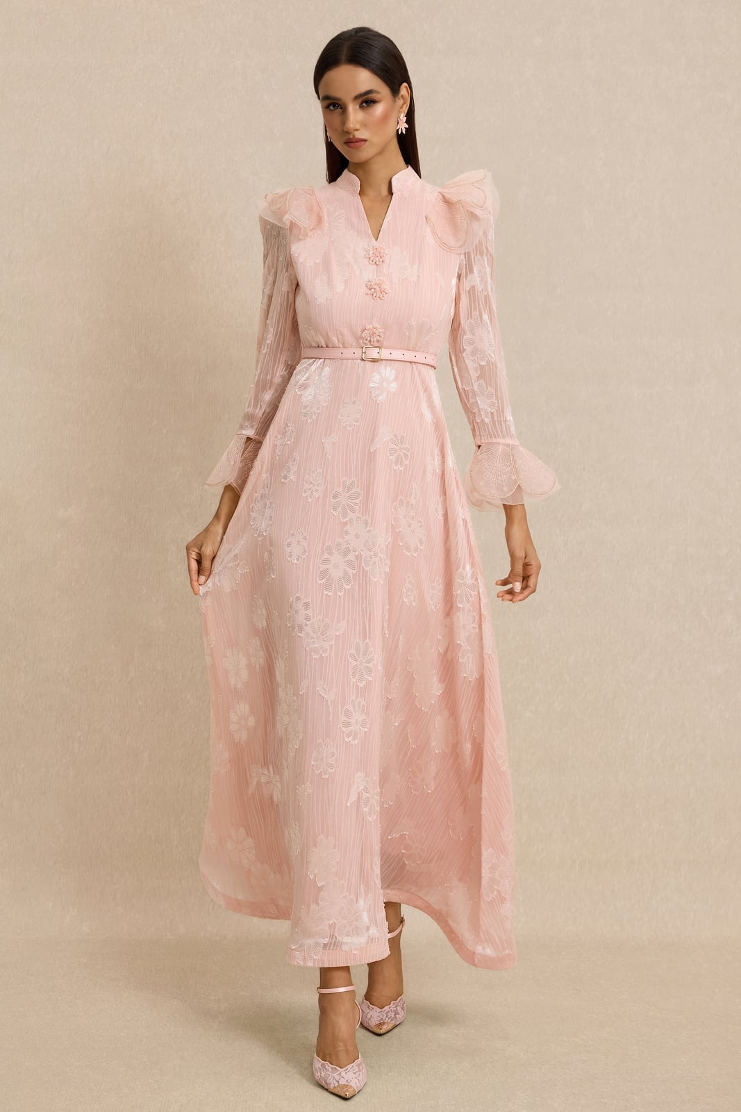 Pale Pink Jacquard Dress with Sheer Sleeves Pale Pink Jacquard Dress with Sheer Sleeves — Classy Pink Outfits