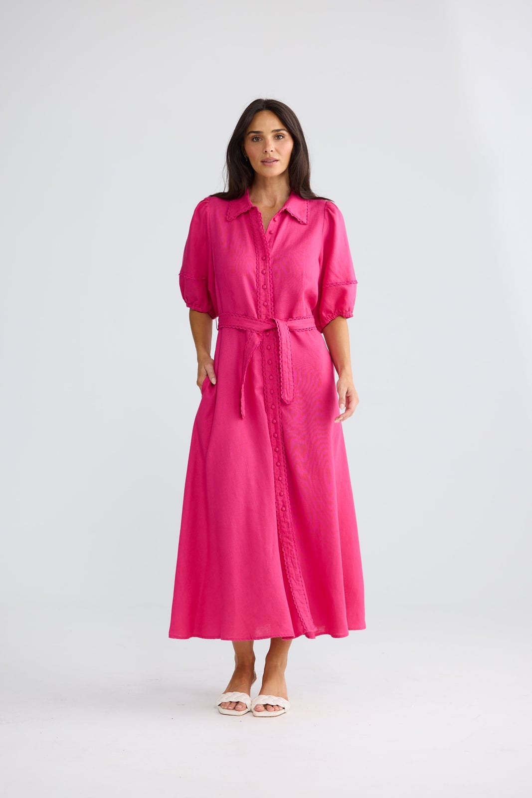 Fuchsia Pink Midi Shirt Dress with Decorative Trim Fuchsia Pink Midi Shirt Dress with Decorative Trim — Classy Pink Outfits