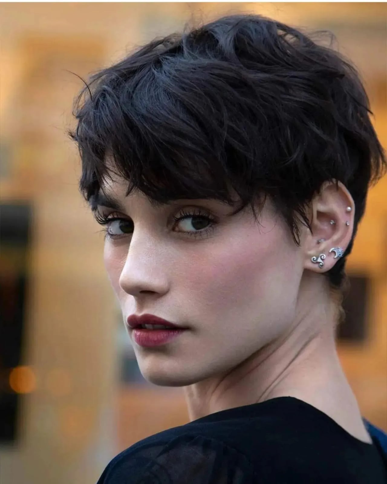 Textured Dark Brown Pixie With Side Fringe, Ear — Classy Pixie Cut