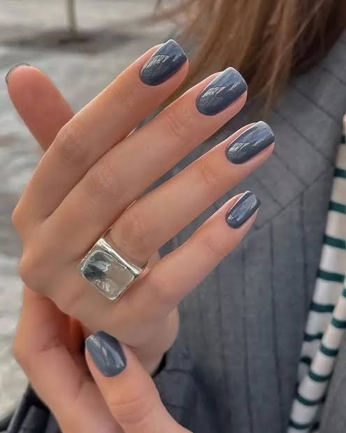 Deep Grey Glossy Soft Square Nails — Classy Plain Nails