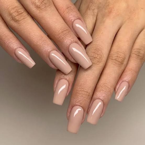 Light Beige Nude Glossy Square Nails — Classy Plain Nails