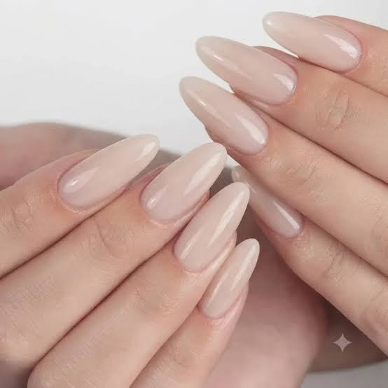 Sheer Milky Nude Glossy Almond Nails With Solid Color — Classy Plain Nails