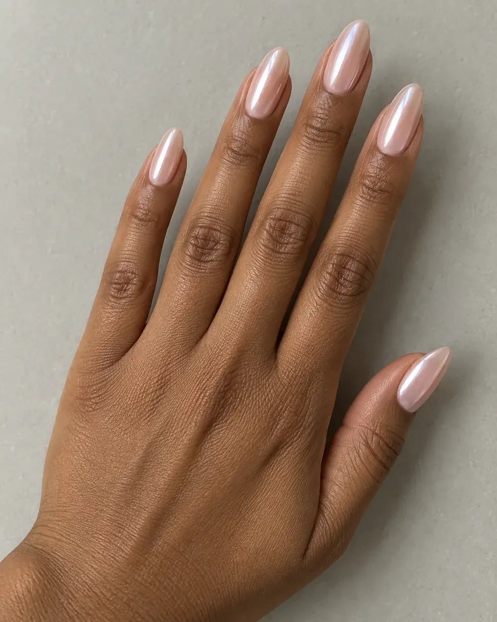 Pale Pink Chrome Pearlescent Almond Nails — Classy Plain Nails