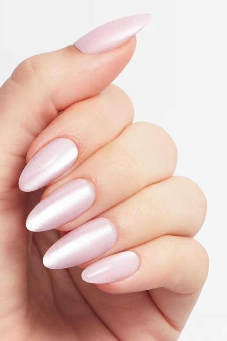 Pearlescent Pink Gold Foil Long Almond Nails — Classy Plain Nails