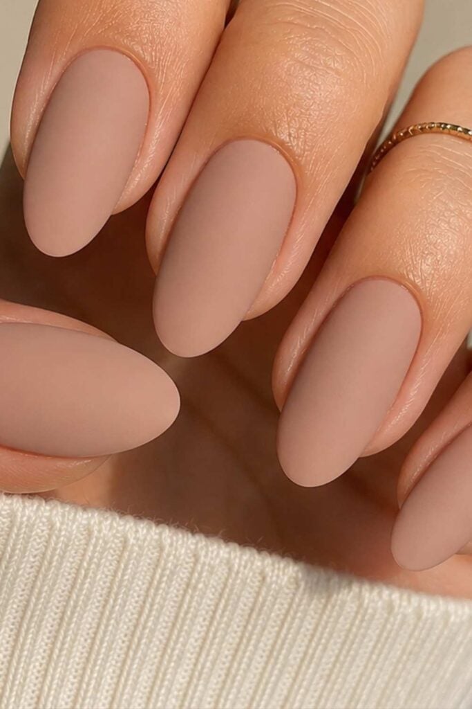 Medium Beige Nude Matte Short Almond Nails — Classy Plain Nails