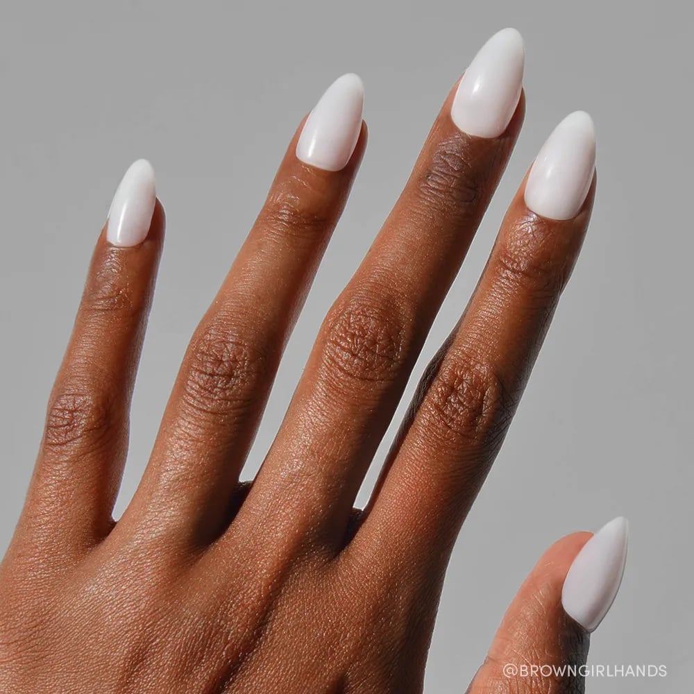 Milky Nude Pearlescent Glossy Almond Nails — Classy Plain Nails